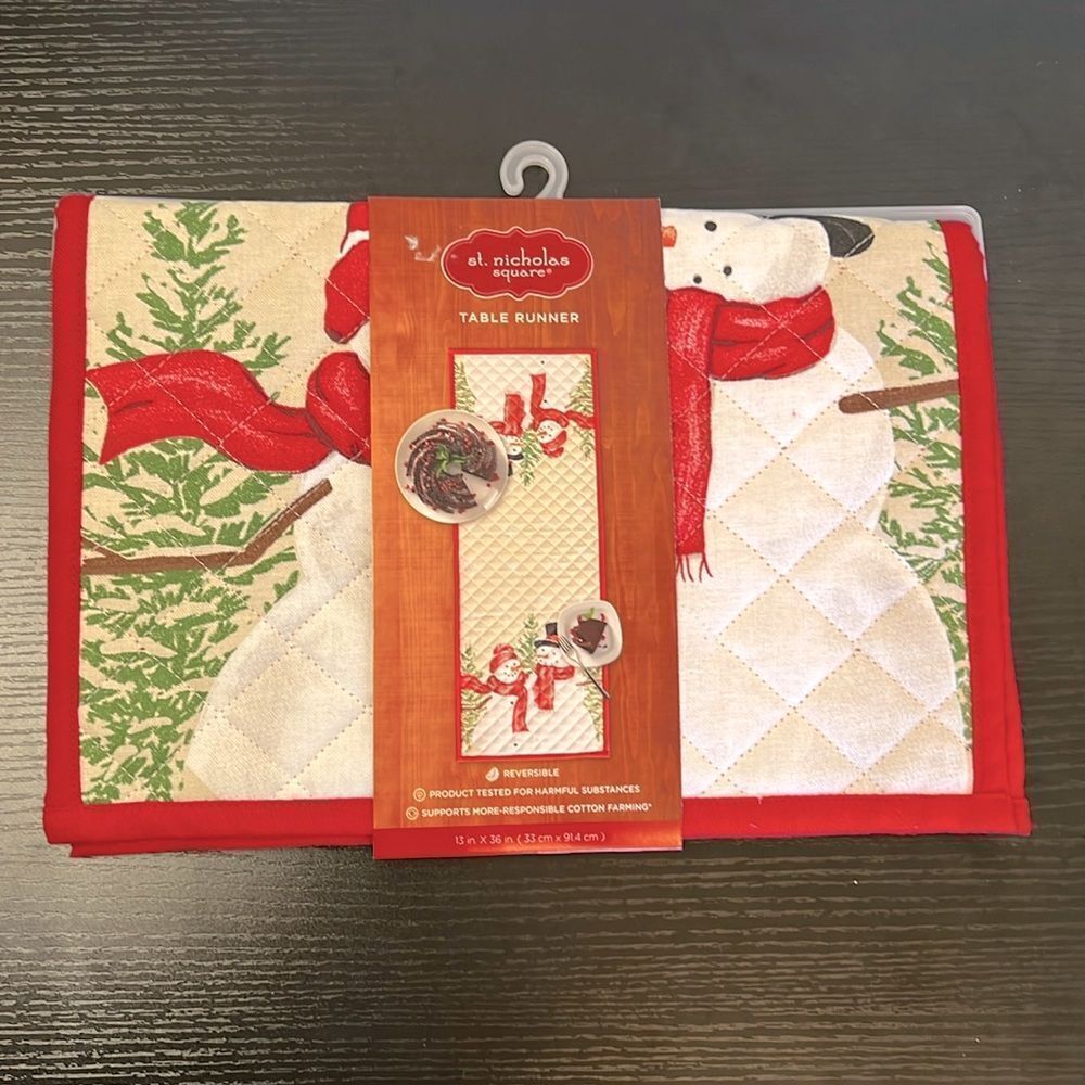 St. Nicholas Square Quilted Reversible Holdiay Snowman Table Runner